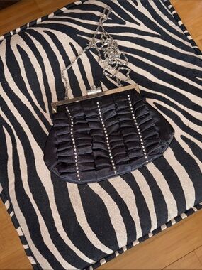 Black Satin Evening Clutch with Crystal Accents and Chain Strap